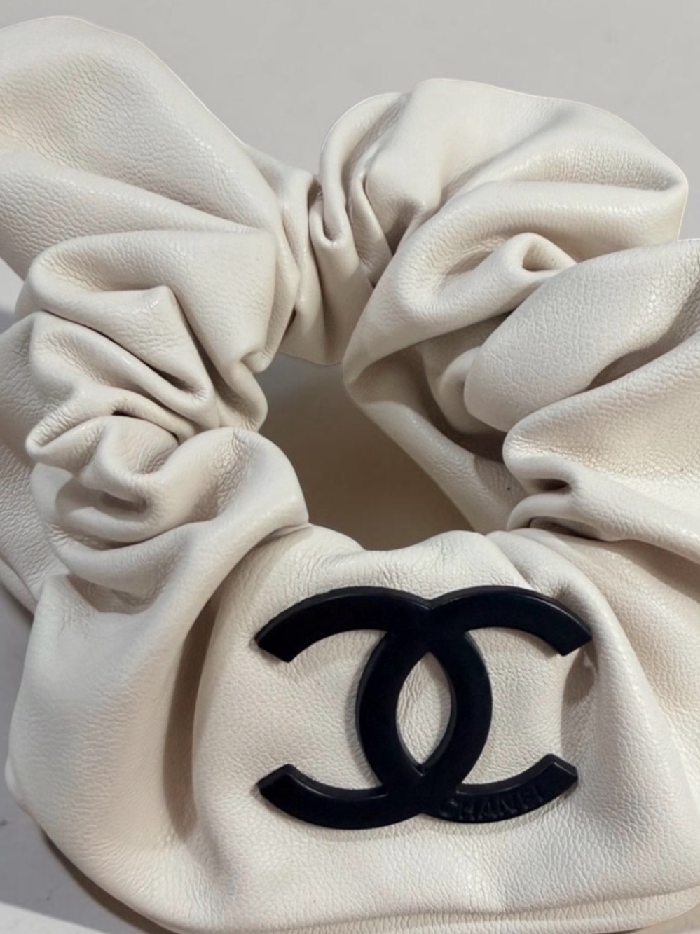 Faux Leather Cream Oversized Hair Scrunchie with Black Metal Logo Accent - NEW - Picture 2 of 5